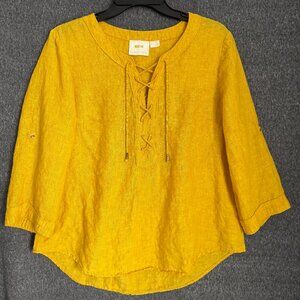 Maeve by Anthropology Linen Mustard Yellow V-Neck top with 3/4 sleeves. Size 10